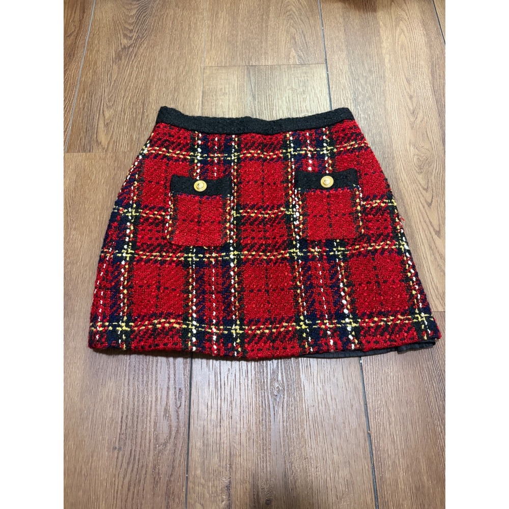 Zara Red Plaid Bouclé Tweed Mini Skirt Black Trim Gold Buttons XS - Picture 7 of 11